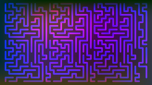 Neon glowing geometric maze pattern featuring vibrant purple and blue lines set against a deep dark background surface