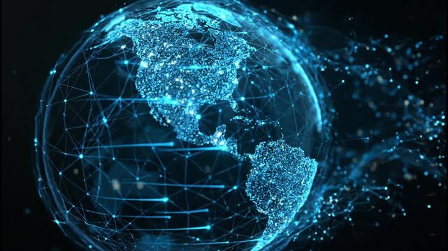 A futuristic, glowing globe is depicted with interconnected nodes and lines, symbolizing global connectivity and digital networks against a dark background.