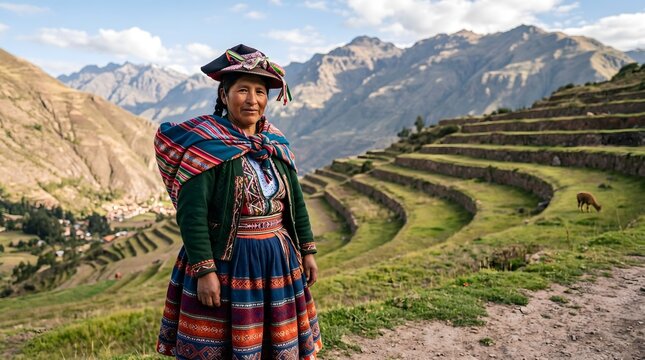 Portrait of an Indigenous Peruvian Woman in Traditional Clothing with Ancient Inca Terraces and Mountains in the Andes