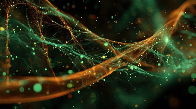 Glowing organic strands intertwine with shimmering particles in dark space