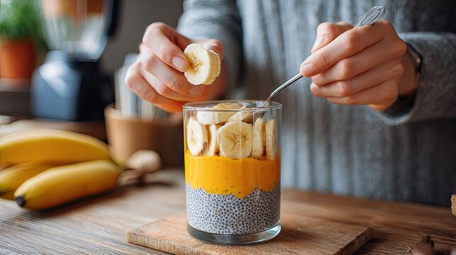 Person adding banana slices to layered chia seed pudding and fruit pur?e
