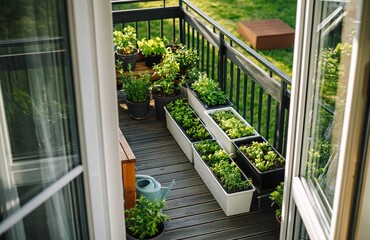 Obraz premium View from inside apartment looking out onto wooden balcony filled with potted herbs and vegetables growing in containers during sunny day. High quality photo