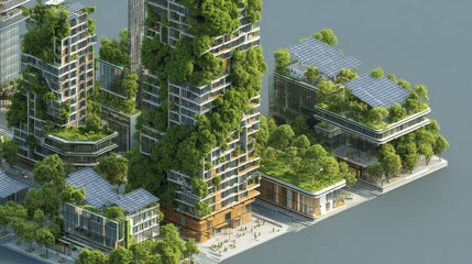 Obraz premium Sustainable architecture concept, modern city with greenery and clean energy devices, high detail, 3D illustration. 