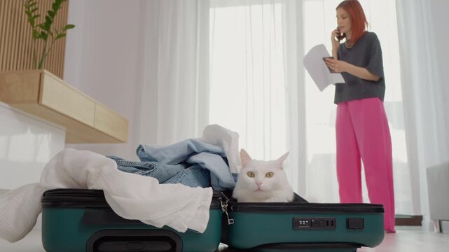 A cat relaxes in a suitcase full of clothes. A woman stands nearby holding a passport and papers while she talks on the phone about her travel plans.