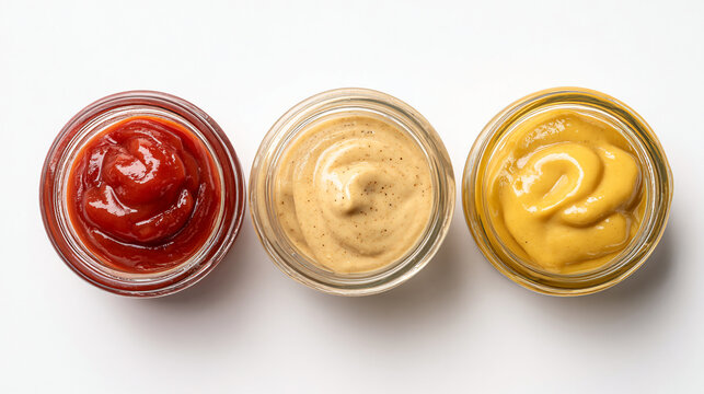 Top view of three condiment bowls with red ketchup yellow mustard and cream mayonnaise sauce