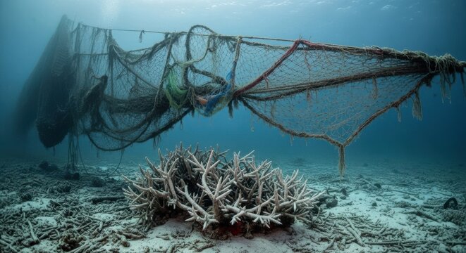 Abandoned fishing net destroying coral reef underwater