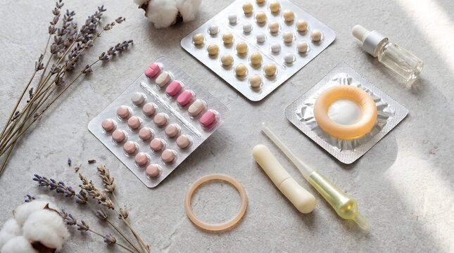 Contraceptive options including oral birth control pills and vaginal rings are organized neatly on a textured surface with soft cotton and lavender.