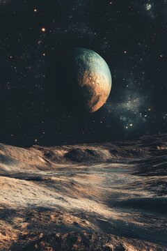 Futuristic space landscape with planet and rocky terrain