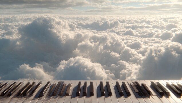 Piano Keys Floating Above a Sea of Clouds in a Dreamlike Sky.