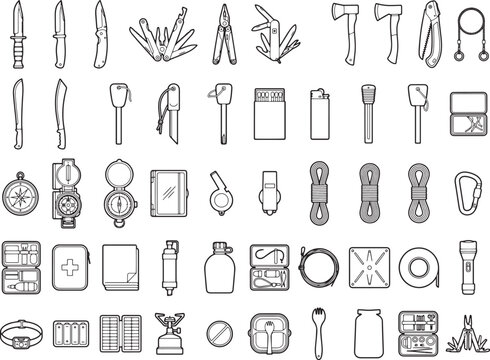 An array of survival tools, tools for outdoor activities arranged in a detailed monochrome illustration.