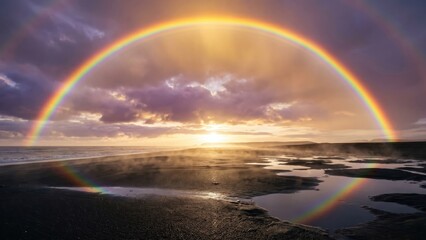 Naklejka premium Rainbow Above Black Sand Beach – Tropical Monsoon Coastal Landscape