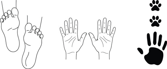 Fototapeta premium Human Feet Hands And Animal Paw Print Set Vector Illustration Isolated White Background Line Art Silhouette Body Parts Design Collection