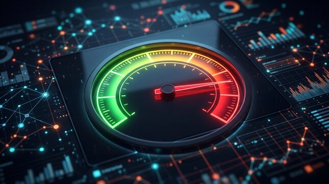 Innovative risk analysis gauge displaying a dynamic indicator on a digital dashboard with vibrant data visualization elements