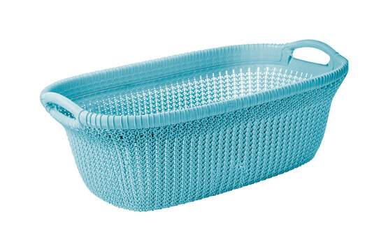 Cyan Plastic Laundry Basket for Wet Clothes Isolated on White Background