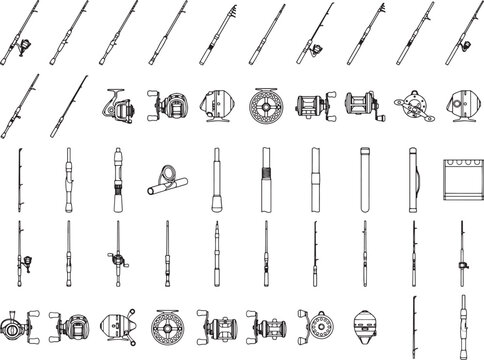 Detailed outline drawings of various fishing rods and reels. showcasing equipment used by anglers.
