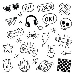 Doodle style hand drawn vector elements set with gaming accessories and youth culture symbols collection on transparent background. © Mujahid