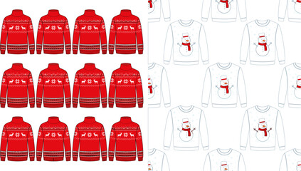 Christmas ugly sweater collection panels with holly border frames featuring penguin reindeer snowflake bear and Nordic patterns flat vector illustration © Shakhawat