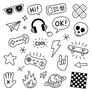 Doodle style hand drawn vector elements set with gaming accessories and youth culture symbols collection on transparent background.