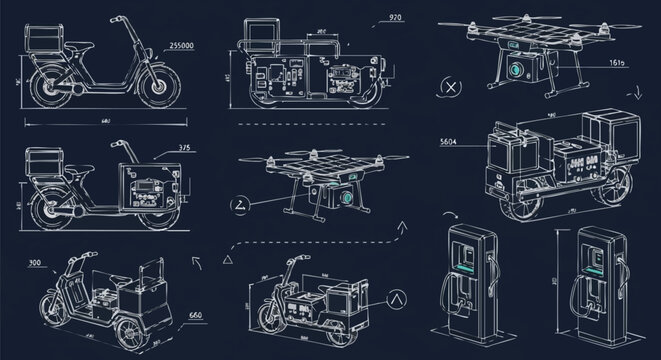 Blueprint schematics of electric scooters, drones, and charging stations on a dark blue background