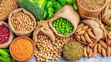 Obraz premium Top view of various legumes grains and seeds in burlap sacks and wooden bowls with chickpea