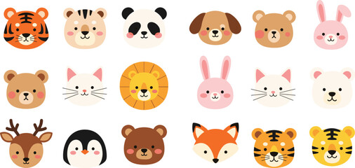 Fototapeta premium Cute Kawaii Animal Face Icons Set Vector Illustration Isolated White Background Cartoon Tiger Panda Bear Fox Kids Design Collection