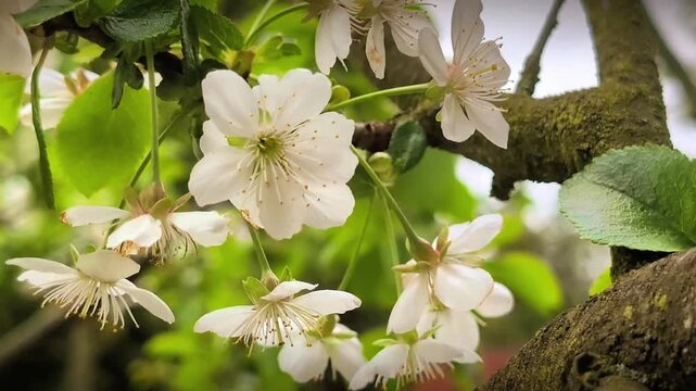 White cherry blossom flowers on tree branch waving in wind close up, spring orchard background, horizontal static shot, natural sunlight, organic flower texture, blooming prunus avium, candid style.