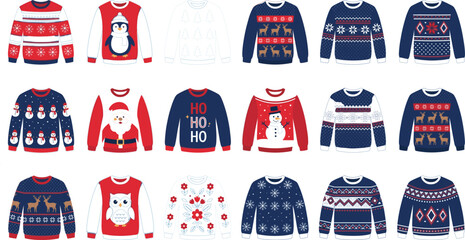Navy blue and red Christmas ugly sweater collection set with Nordic reindeer snowman Santa and geometric pattern flat vector illustration © Shakhawat
