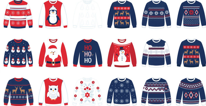 Navy blue and red Christmas ugly sweater collection set with Nordic reindeer snowman Santa and geometric pattern flat vector illustration