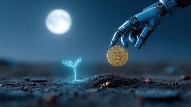 Robotic hand places crypto coin near glowing seedling under moon