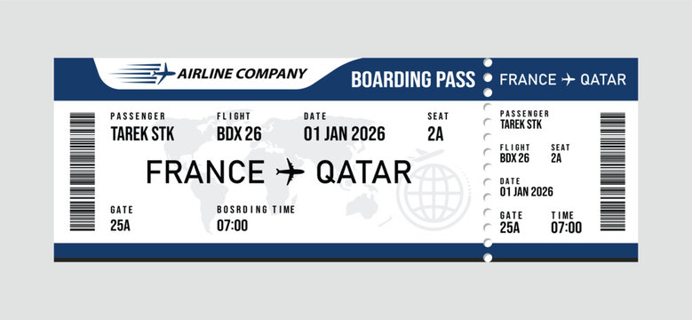 White and blue airline boarding pass for france to qatar flight on january 1, 2026 flight ticket