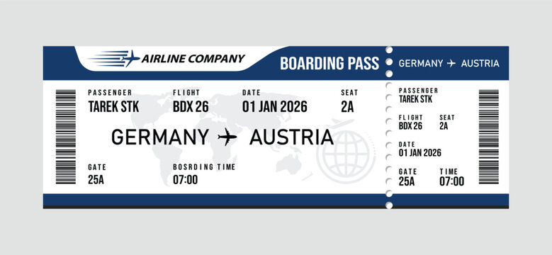 White and blue airline boarding pass for germany to austria flight, style flight ticket white background