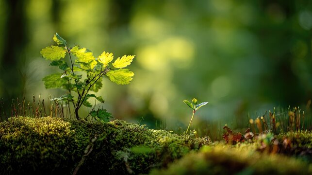 Young saplings grow from mossy log in dappled forest light