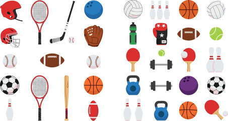 Comprehensive sports equipment vector set featuring balls for soccer basketball baseball and football plus tennis rackets hockey sticks bowling pins and fitness gym gear for athletic designs. © MDSaiful