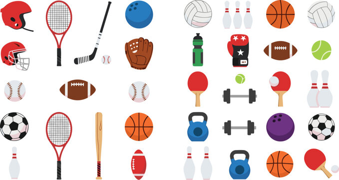 Comprehensive sports equipment vector set featuring balls for soccer basketball baseball and football plus tennis rackets hockey sticks bowling pins and fitness gym gear for athletic designs.