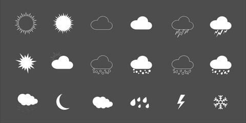Obraz premium Set of minimal weather icons including sun, clouds, rain, snow, lightning, and moon in a clean monochrome style, perfect for UI, apps, and infographic design.