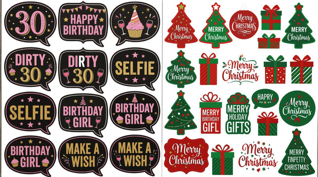 Photo booth props set with birthday speech bubble signs and Christmas holiday chalkboard label badges festive typography vector illustration