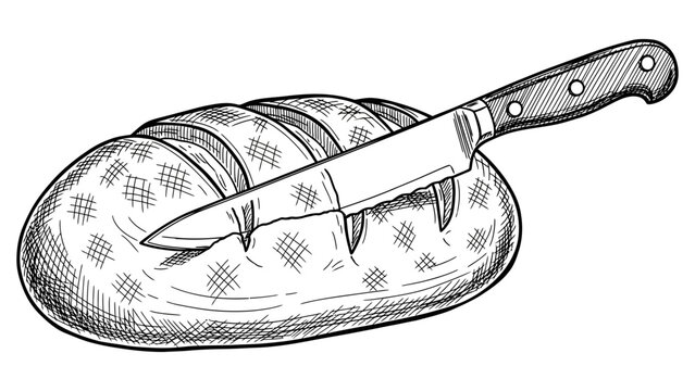 Hand drawn vector illustration of bread with a knife
