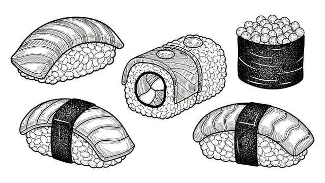 Detailed ink drawing of assorted delicious japanese sushi rolls