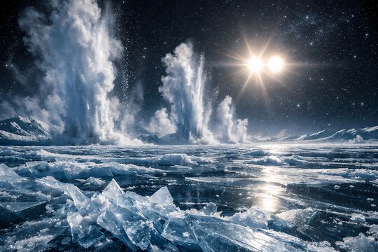 Violent ice geysers erupting dramatically from a frozen alien ocean surface under two bright distant suns. Stunning high quality digital illustration suitable for planetary designs.