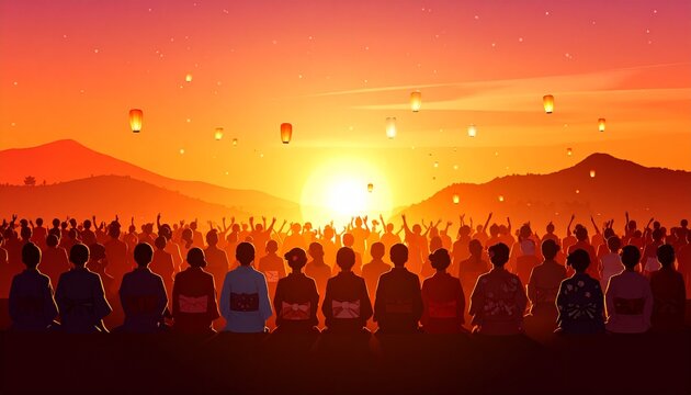 Sky lanterns floating above crowd at golden sunset, Generative AI