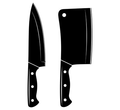 Black silhouette vector illustration of sharp kitchen knife and cleaver