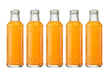 Row of Five Mango Juice Glass Bottles with Silver Crown Caps © bdstockfile