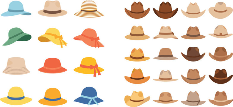 Colorful summer sun hat and classic western cowboy hat vector collection featuring various headwear styles like straw fedoras and wide brim beach hats for seasonal fashion.