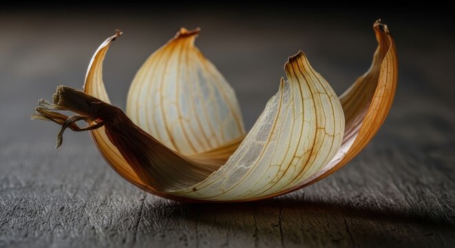 Intricate peeling papery texture of an onion skin on a rustic wooden surface, showcasing delicate organic layers