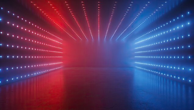 Futuristic glowing tunnel with red and blue LED light patterns converging inward