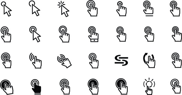 Digital pointer and click action line icons set cursor and navigation symbols