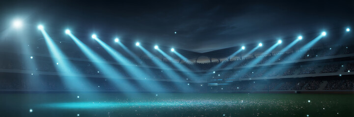 Fototapeta premium A brightly lit sports stadium at night with blue lights shining down on the green field and a crowd of people in the stands