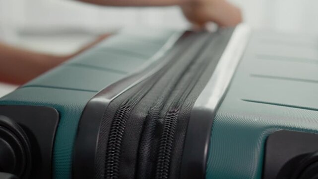 A person is zipping up a suitcase, getting ready for a trip. This shows the process of packing clothes and other items into travel luggage.