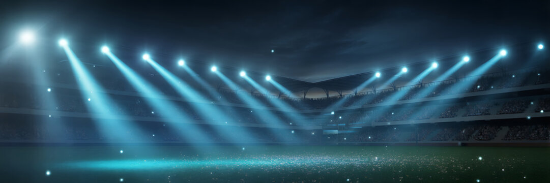 A brightly lit sports stadium at night with blue lights shining down on the green field and a crowd of people in the stands
