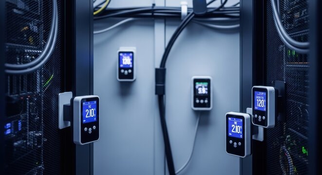 Multiple digital temperature and humidity sensors mounted on an industrial control panel displaying readings